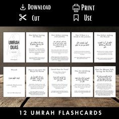 the umnaha flashcards are displayed on a wooden table with black and white text