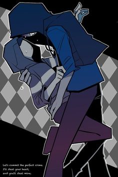 a drawing of a man in a blue jacket and purple pants holding a cell phone