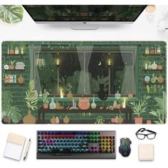 Cute Rainy Night Desk Mat Green Plants Desk Pad - Large Gaming Mouse Pad with Anime Black Cat Kawaii Design and Moon Theme - Comfortable & Breathable Lycra Fabric Surface - Thick 3mm, Rubber Non-Slip Black Cat Kawaii, Night Desk, Green Desk, Cat Kawaii, Led Tube Light, Keyboard Pad, Rainy Night, Kawaii Design, Gaming Mouse Pad