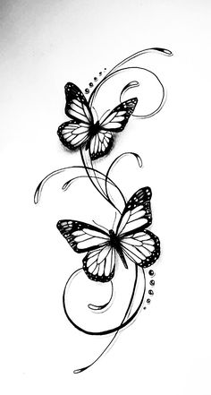 two butterflies flying in the air with swirls on their wings and one is black and white