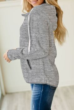 Gray Buttoned Neck Hooded Sweatshirt Casual Stretch Hooded Jacket, Gray Fleece Hooded Top, Gray Hooded Fleece Top, Gray Hooded Casual Jacket, Casual Gray Hooded Jacket With Long Sleeves, Casual Gray Long Sleeve Hooded Jacket, Gray Hooded Top With Adjustable Hood, Casual Stretch Outerwear With Kangaroo Pocket, Casual Gray Fleece Hooded Jacket