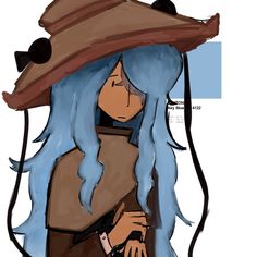 a drawing of a woman with blue hair wearing a brown hat and holding a bag