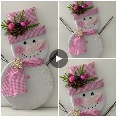 the snowman is decorated with pink flowers and pine cones