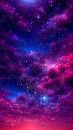 the sky is full of stars and clouds as if they were floating in the air