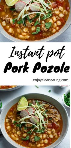 two bowls of instant pot pork pozole with lime and cilantro on the side