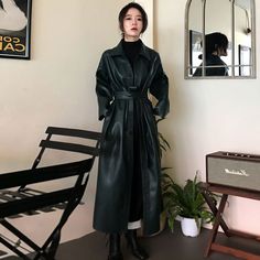 Leather Trench Coat - XL, Dark green Faux Leather Trench Coat, Black Leather Coat, Pu Leather Jacket, Leather Trench, Leather Jacket Outfits, Trench Coat Black, Leather Trench Coat, Belted Coat, Spring Women