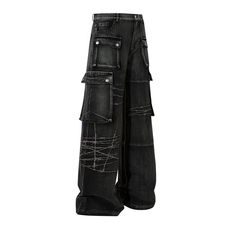 Black wide-leg jeans with a dramatic oversized silhouette. Features multiple large cargo pockets with snap button closures, adding a utilitarian edge. The jeans have a unique distressed design with white embroidered barbed wire patterns across the legs, creating an edgy, punk-inspired look. The denim has a worn, faded black wash for a vintage feel. The extreme wide-leg cut and long length result in a floor-sweeping hem. Combines avant-garde styling with gothic and industrial aesthetics for a bol Dream Pants, Black Wide Leg Jeans, Unique Clothing Style, Workwear Jeans, Punk Inspiration, Mens Workwear, Japanese Street Fashion, Straight Leg Denim, Cargo Jeans