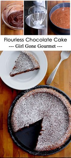 a chocolate cake sitting on top of a pan covered in powdered sugar