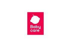 the baby care logo is shown in red and white, with an apple on it