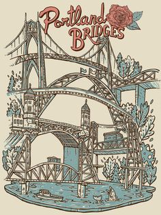 the portland bridge is shown in this hand drawn illustration