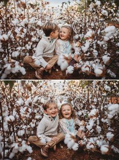 two young children are sitting in the cotton field