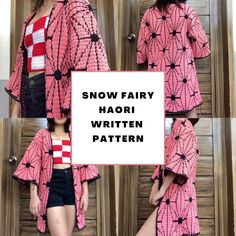 three photos of a woman in pink and black clothing with the words snow fairy written on it