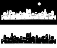 two black and white cityscapes with buildings in the middle one has a full moon