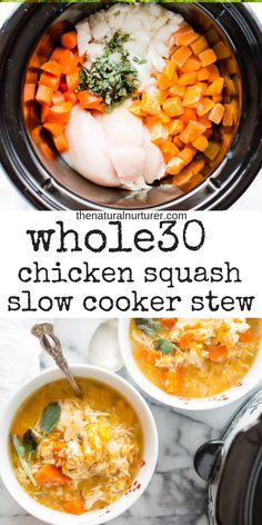 the slow cooker chicken butternut squash stew is ready to be eaten and served