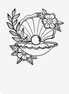 a black and white drawing of a seashell with flowers on the bottom, surrounded by leaves