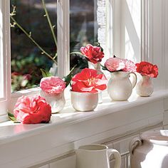 three white vases filled with pink flowers sitting on a window sill next to a cup