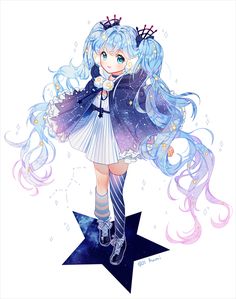 an anime character with blue hair and stars