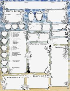 Hand drawn and painted character sheets for D&D.  Included is a PDF of 3 high resolution (8.5 x 11 paper) character sheets, with space for spells, character description, and more. Dnd Notes, Dnd Character Sheets, Mermaid Sheets, Rpg Character Sheet, Paper Character, Aesthetic Classroom, Dnd Journal, Dnd 5, Dnd Character Sheet