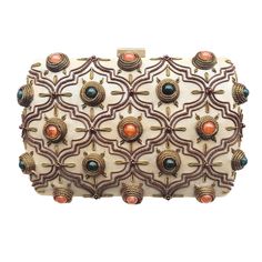 "Stunning, opulent Moroccan style box clutch - luxury gold or rose gold hard case clutch hand embroidered with copper arabesque pattern and inlaid with jade, carnelian and garnet gemstones on a shimmery, iridescent leatherette fabric. The fabric is remarkable - it has tiny sparkly specs in it that catch the light and glow. Expertly hand embroidered by master zardozi artisans with over 25 years experience. Exceptional quality and craftsmanship. Of classic, timeless design and of impeccable workma Embroidered Clutch Purse, Arabesque Pattern, Floral Clutches, Embroidered Clutch, Style Box, Box Clutch, Gold Box, Embroidered Bag, 12 Weeks