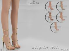 the legs and ankles of a woman wearing high heeled sandals are shown in three different colors