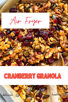 cranberry granola recipe with text overlay that reads, an frugar