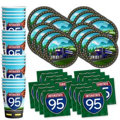 the ultimate interstate party pack includes plates, napkins and cups with matching stickers