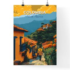 a poster with the words colombia next to an image of a man walking down a street