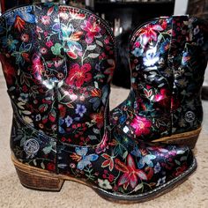 Floral Roper Booties. Never Worn. Perfect Condition. 6.5. Western Boots With Floral Print For Fall, Multicolor Western Boots For Spring, Black Floral Print Boots With Round Toe, Casual Multicolor Snip Toe Boots, Ankle Cowgirl Boots, Aztec Boots, Snip Toe Cowgirl Boots, Roper Cowboy Boots, Cute Ankle Boots