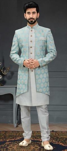 Blue color IndoWestern Dress in Jacquard fabric with Resham, Sequence, Thread work Indowestern Outfits For Men, Indo Western Outfit, Wedding Matching Outfits