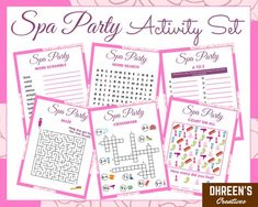 the spa party activity set includes crosswords, sud puzzles and games for kids