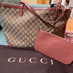 Gucci Pink Leather Trim/ Monogram Vintage Gucci Tote Bag, Gucci Cognac Bag For Everyday Use, Everyday Gucci Cognac Bag, Pre-owned Brown Gucci Bag, Beige Tote Bag, Gucci Pink, Beige Tote, Gucci Tote Bag, Gucci Tote