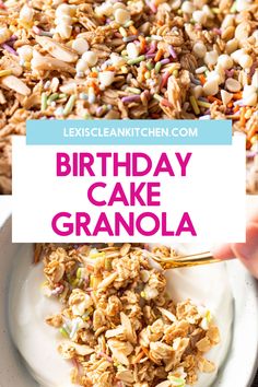 birthday cake granola on a white plate with pink and blue text overlay that reads, birthday cake granola