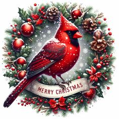 a red bird sitting on top of a christmas wreath