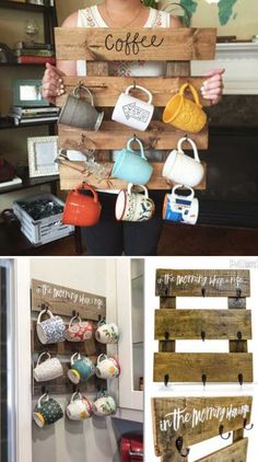 a collage of photos with coffee mugs hanging on the wall, and a woman holding