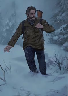 a painting of a man walking through the snow with an ax in his hand,