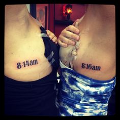 two women with matching tattoos on their stomachs, both showing the date and month