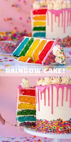 rainbow cake with white frosting and sprinkles on the side, then half eaten