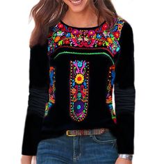 PRICES MAY VARY. Made from premium fabric, this long sleeve embroidered peasant blouse for women is very soft and breathable, the lining is so friendly to your skin, super cozy to touch and extremely comfortable to wear for whole day. Featuring long sleeve, v neck and crewneck style to choose, floral embroidery, casual sloose fit silhouette, this long sleeve floral embroidered mexican shirts for women is so fashionable, the embroidered flower on the top is so delicate and very eye-catching. This Mexican Shirts, Stunning Tops, Bohemian Tops, Bohemian Print, Styl Boho, Hipster Fashion, Ruffled Sleeve Top, Spring Tops, Tops Fall