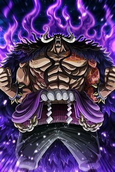 an anime character with his arms stretched out in front of purple and blue flames behind him