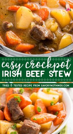 crockpot irish beef stew with potatoes and carrots in a white bowl on a table