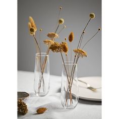 three vases filled with dried flowers on top of a white table cloth next to plates and utensils