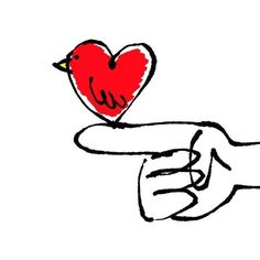 a drawing of a hand holding a red heart with a bird on it's finger