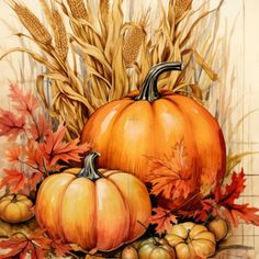 a painting of pumpkins and autumn leaves on a table with corn stalks, acorns and other fall foliage