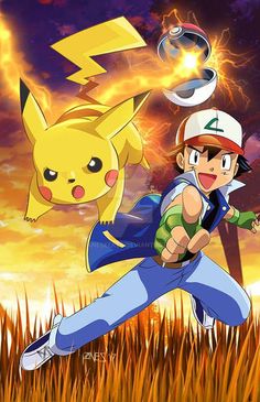 pokemon and pikachu running through the grass with lightning in the sky behind them