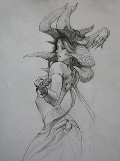 a pencil drawing of a woman with horns on her head and hair blowing in the wind