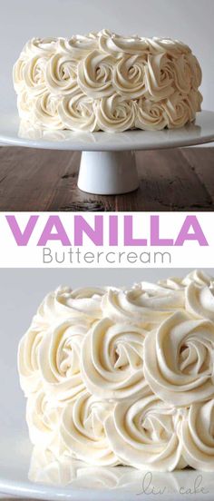 vanilla buttercream cake on a white plate with the words vanilla buttercream