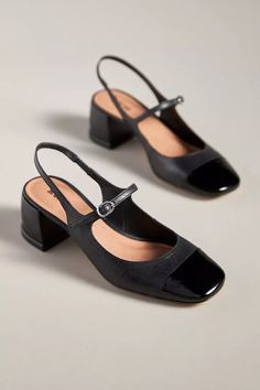 Maeve Mary Jane Slingback Heels | Anthropologie Slingback Heels Outfit Work, Black Slingback Heels Outfit, Women’s Work Shoes, Professional Shoes Women, Comfortable Work Heels, Slingback Heels Outfit, Business Casual Shoes Women, 1 Inch Heels, Black Shoes For Women