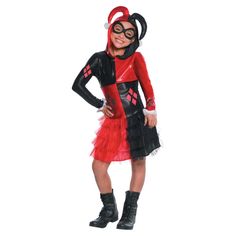 If you've got a weakness for jokers and a knack for crime, this red and black color blocked outfit could be your calling. Perfect for kids of any age, this getup has you looking the part of a Gotham city comic book character from head to toe. Whether worn during trick-or-treating or during a Halloween party, your little lady will be nothing to laugh at when donning this sinister Harley Quinn Halloween costume. (TM) & © DC Comics
Polyester.
Includes: 
o Hooded dress
o Eye mask Halloween Villian Costumes, Ghost Girl Costume, Harley Quinn Hoodie, Harley Quinn Disfraz, Harley Quinn Halloween Costume, Batman Harley Quinn, Supergirl Costume, Harley Quinn Halloween, Dc Comics Girls