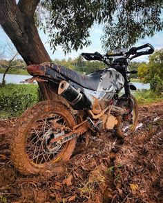 a dirt bike parked next to a tree