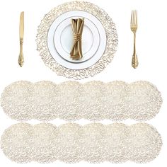 PRICES MAY VARY. Include 12 pack gold round vinyl placemats, made of high quality PVC, well made, very durable. Easy clean with a damp cloth, dry very quickly, then look perfectly new again. Effective heat resistance is up to 150°F, please do not use it exceed the temperature. The diameter measures 15'', fits most dishes size, suitable for daily use, making your home a warmer and restful atmosphere Hollowed-out blossom design placemat gives your dinner table a special touch, ideal for kitchen ta Gold Christmas Wedding, Gold Wedding Accents, Wedding Placemats, Christmas Dining Table Decor, Gold Charger Plate, Vinyl Placemats, Gold Napkin Rings, Black Napkins, Green Table Runner